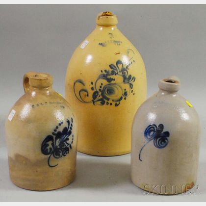 Three Cobalt Floral-decorated Stoneware Jugs