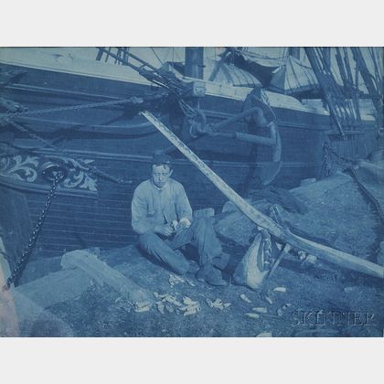 Cyanotype Photograph of a Scrimshander at Work
