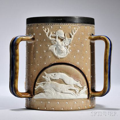 Three-handled Stoneware Mug, Doulton Lambeth, England, late 19th century, cylindrical body with three arched reserves showing scenes of