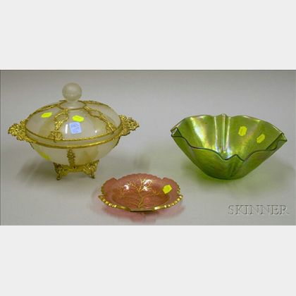 Loetz-type Iridescent Green Glass Bowl, a Bohemian Gilt Cranberry Glass Dish, and a Gilt-metal Mounted Frosted ... 