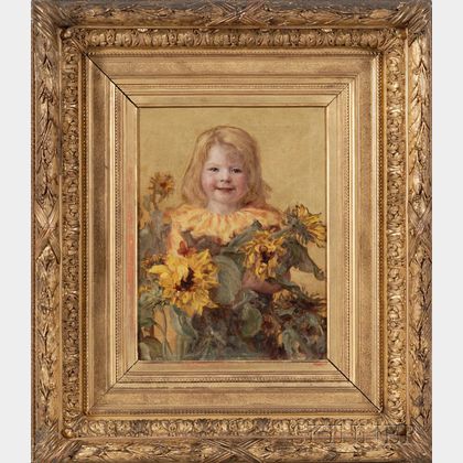 Leis Schjelderup (1856-1933) Portrait of a Young Girl with Sunflowers.