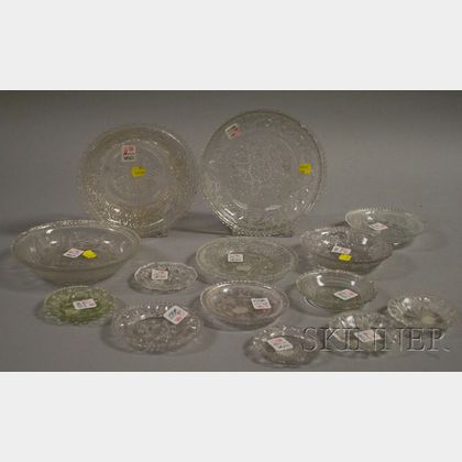 Fourteen Colorless Pressed Lacy Pattern Sandwich Glass Plates and Bowls