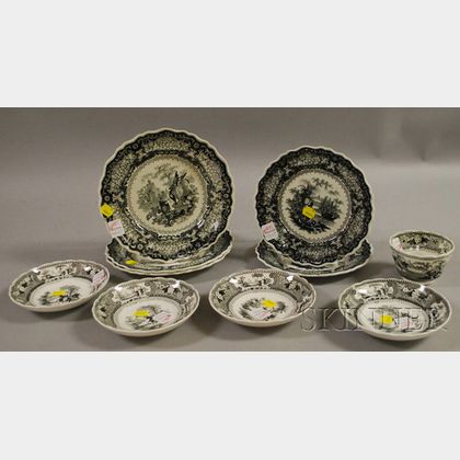 Ten Pieces of English Black and White Transfer-decorated Staffordshire Tableware