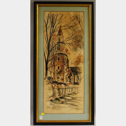 John Haymson Ink and Watercolor of Bruton Parish Church, Williamsburg 