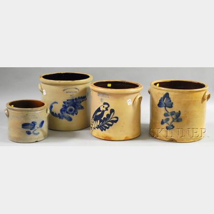 Four Cobalt-decorated Stoneware Crocks