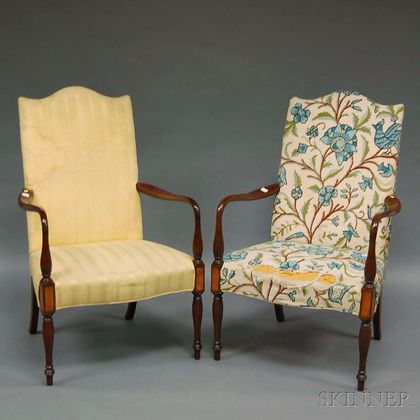 Near Pair of Hickory Federal-style Upholstered Inlaid Mahogany Lolling Chairs