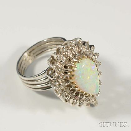14kt White Gold, Opal, and Diamond Ring