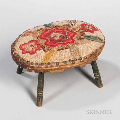Oval Stool with Floral Needlework Top