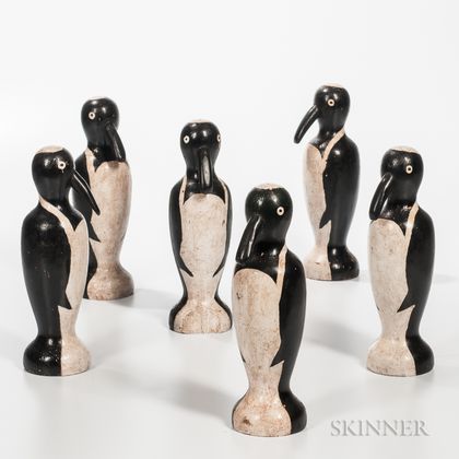 Set of Six Turned and Paint-decorated Penguin Bowling Pins