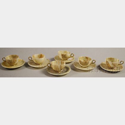 Set of Six Brass-handled Carved Agate Demitasse Cups and Saucers. 