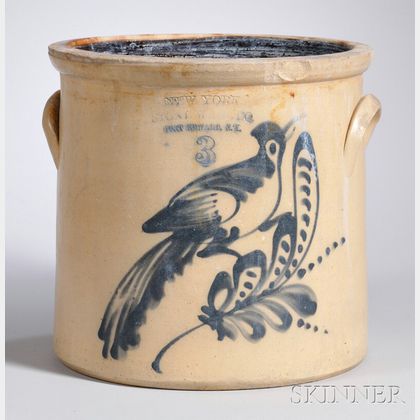New York Stoneware Co. Cobalt Bird-on-a-Sprig-decorated Three-Gallon Stoneware Crock