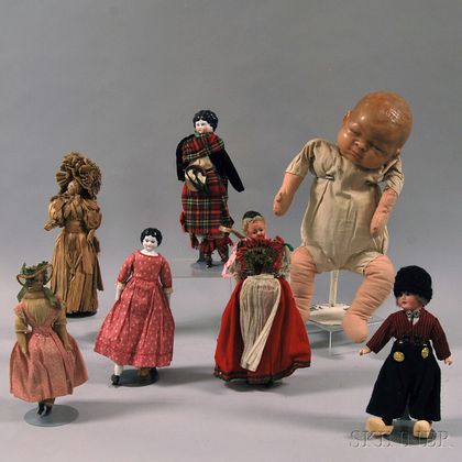 Seven Wax, Bisque, China, and Straw Dolls