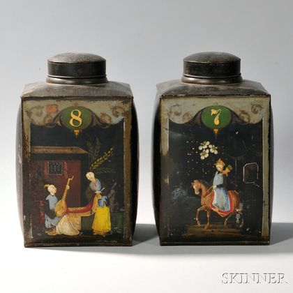 Pair of Black-painted and Polychrome Decorated Tea Canisters