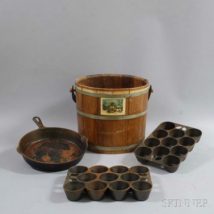 Wooden Stave-constructed Bucket and Three Cast Iron Pans. Estimate $20-200