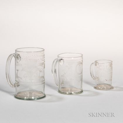 Three Graduated Blown and Copper Wheel-engraved Glass Mugs