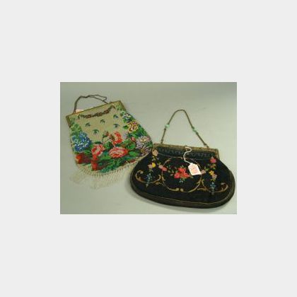 Gilt-metal Framed Floral Beaded Purse and a Jeweled Gilt-metal Framed Needlepoint Purse. 