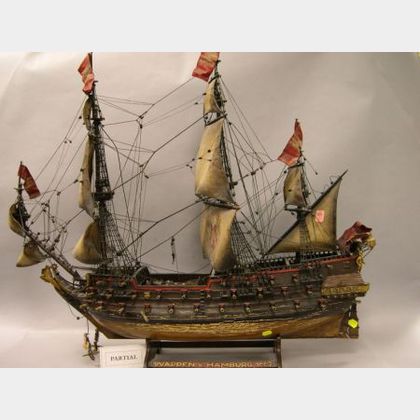 Painted Wooden Model of the 1667 Sailing Ship Wappen von Hamburg