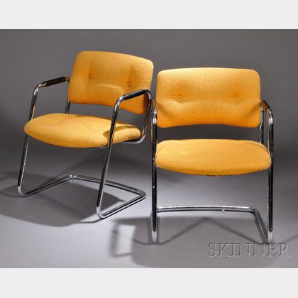 Pair of Steelcase Upholstered Chrome-plated Tubular Steel Armchairs