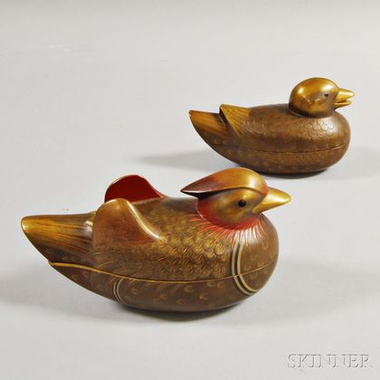 Pair of Carved and Lacquered Japanese Duck-form Covered Boxes