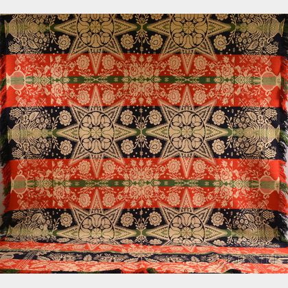 Red, White, Blue, and Green Wool Jacquard Coverlet