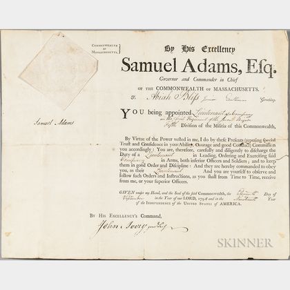 Adams, Samuel (1722-1803) Document Signed, 11 September 1794, Military Appointment for Abiah Bliss Jr., (1768-1858) and an Archive of t
