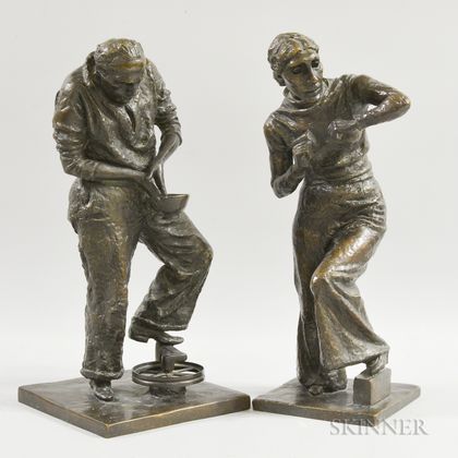 Eugenie Gershoy (American, 1901-1983) Two Bronze Figures of Artists at Work: Sculptor and Potter