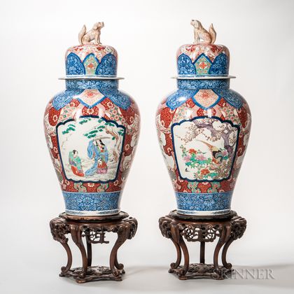 Pair of Imari Lidded Temple Jars