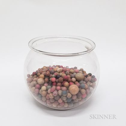 Large Group of Clay Marbles in a Colorless Blown Glass Fishbowl. Estimate $100-150