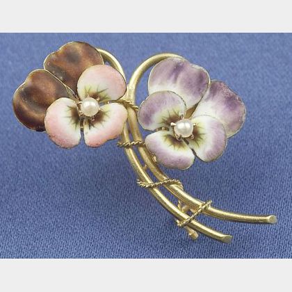 18kt Gold, Enamel and Seed Peal Pansy Brooch