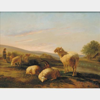 Dutch School, 19th Century Herder with Sheep and Goats at Sunset.
