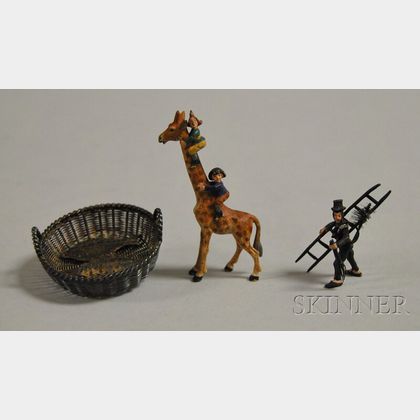 Austrian Miniature Cold-painted Bronze Figure of a Chimney Sweep, a Comic Characters Climbing a Giraffe Figural, and a Silver Wirework 