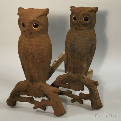 Pair of Cast Iron Owl Figural Andirons with Glass Eyes