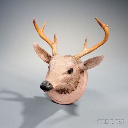 Carved and Painted Folk Art Deer Head