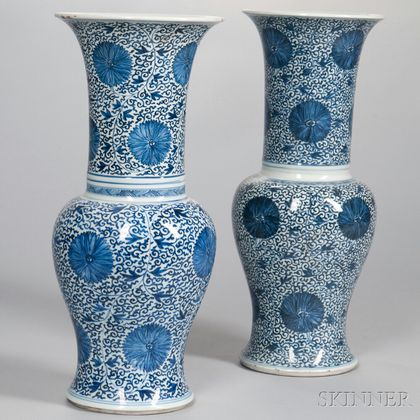 Near Pair of Blue and White Yenyen Vases
