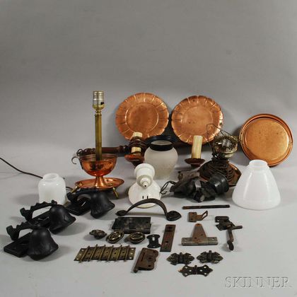 Group of Copper Wall Sconces, Assorted Lighting Devices, and Hardware. Estimate $20-200