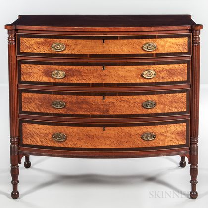 Mahogany and Mahogany and Bird's-eye Maple Veneer Bow-front Chest of Four Drawers