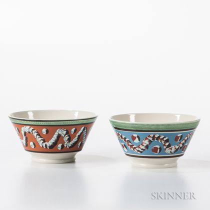 Two Don Carpentier Slip-decorated London-form Bowls with Earthworm and Cat's-eye Design