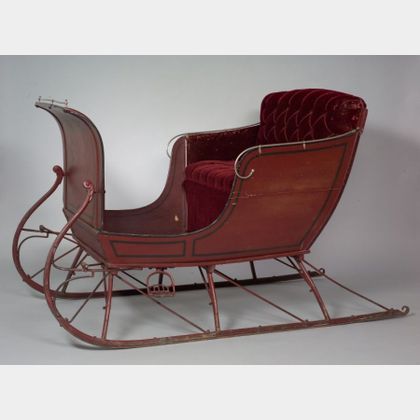 Lovejoy Bros. Tufted Upholstered Paint Decorated Iron-mounted Wooden Horse-drawn Sleigh