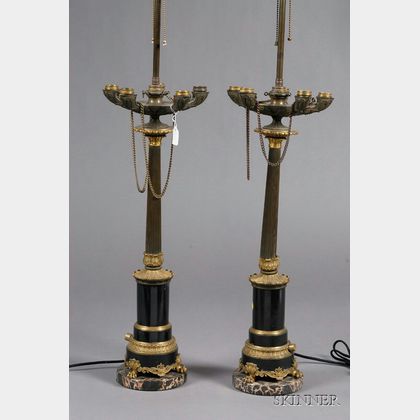 Pair of Napoleon III Style Parcel-gilt Bronze Oil Lamps