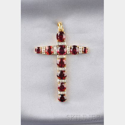 18kt Gold, Red Spinel, and Diamond Pendant Cross