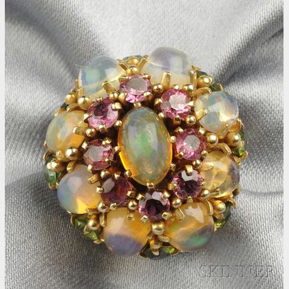 14kt Gold, Fire Opal, and Tourmaline Dome Ring