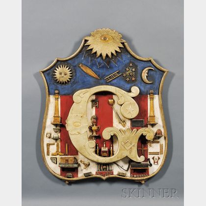 Polychrome Painted Wooden Masonic Wall Plaque