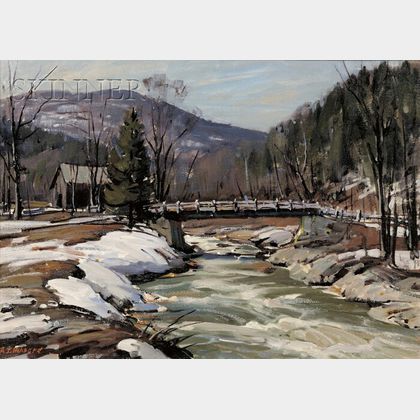 Aldro Thompson Hibbard (American, 1886-1972) Winter Landscape with River and Bridge