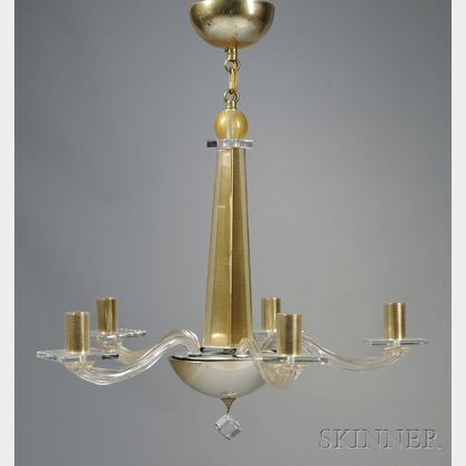 Modern Italian Gold Fleck Art Glass and Crystal Five-arm Chandelier