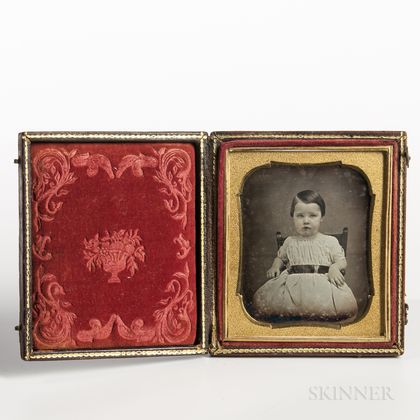 Sixth-plate Tinted Daguerreotype of a Child Secured to a Highchair