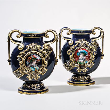 Pair of Emile Galle Earthenware and Enamel Portrait Vases