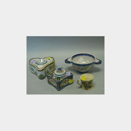 Continental Faience Inkwell, Quimper Faience Inkwell and Bowl and a Childs Transfer Decorated Mug. 
