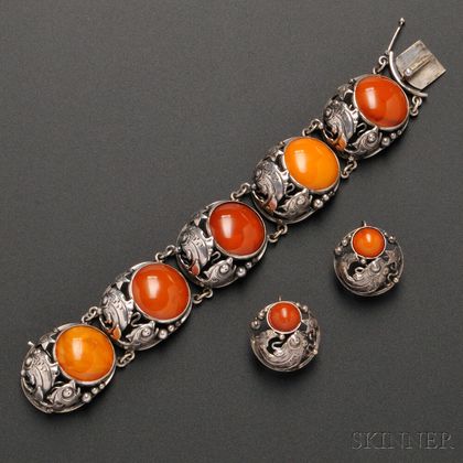 N.E. From Sterling Silver and Amber Bracelet and Matching Earrings
