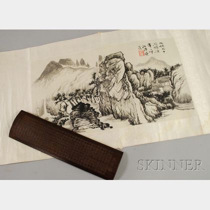 Asian Wooden Wrist Rest with Calligraphy and a Asian Scroll Painting