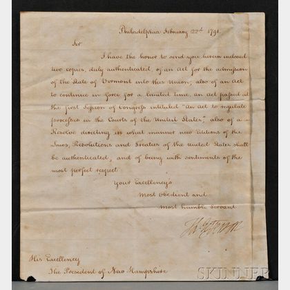 Jefferson, Thomas (1743-1826) Letter Signed as Secretary of State under Washington, 22 February 1791.